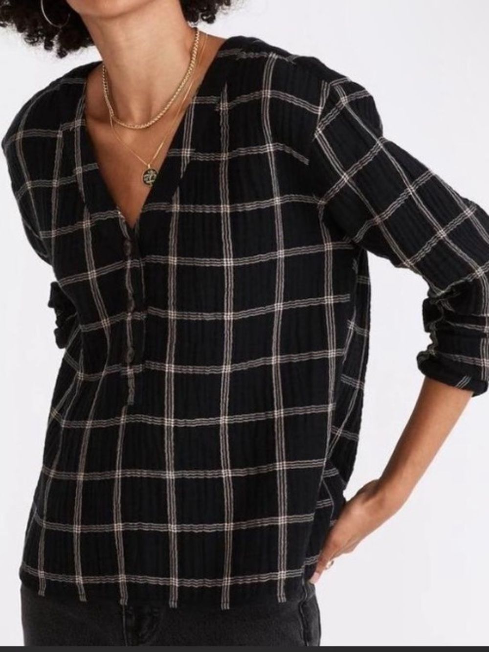 Madewell Black and Cream Guaze Plaid Shirt